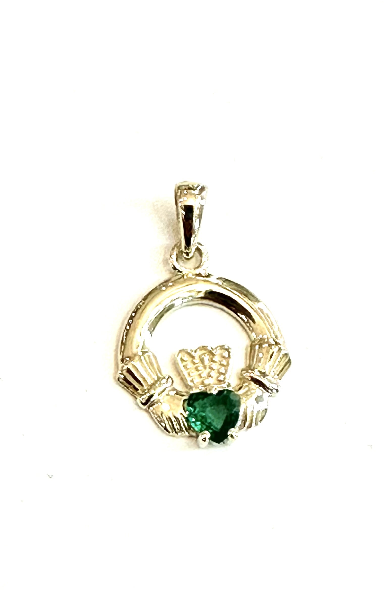 9CT White Gold Emerald Birthstone Claddagh Pendant.