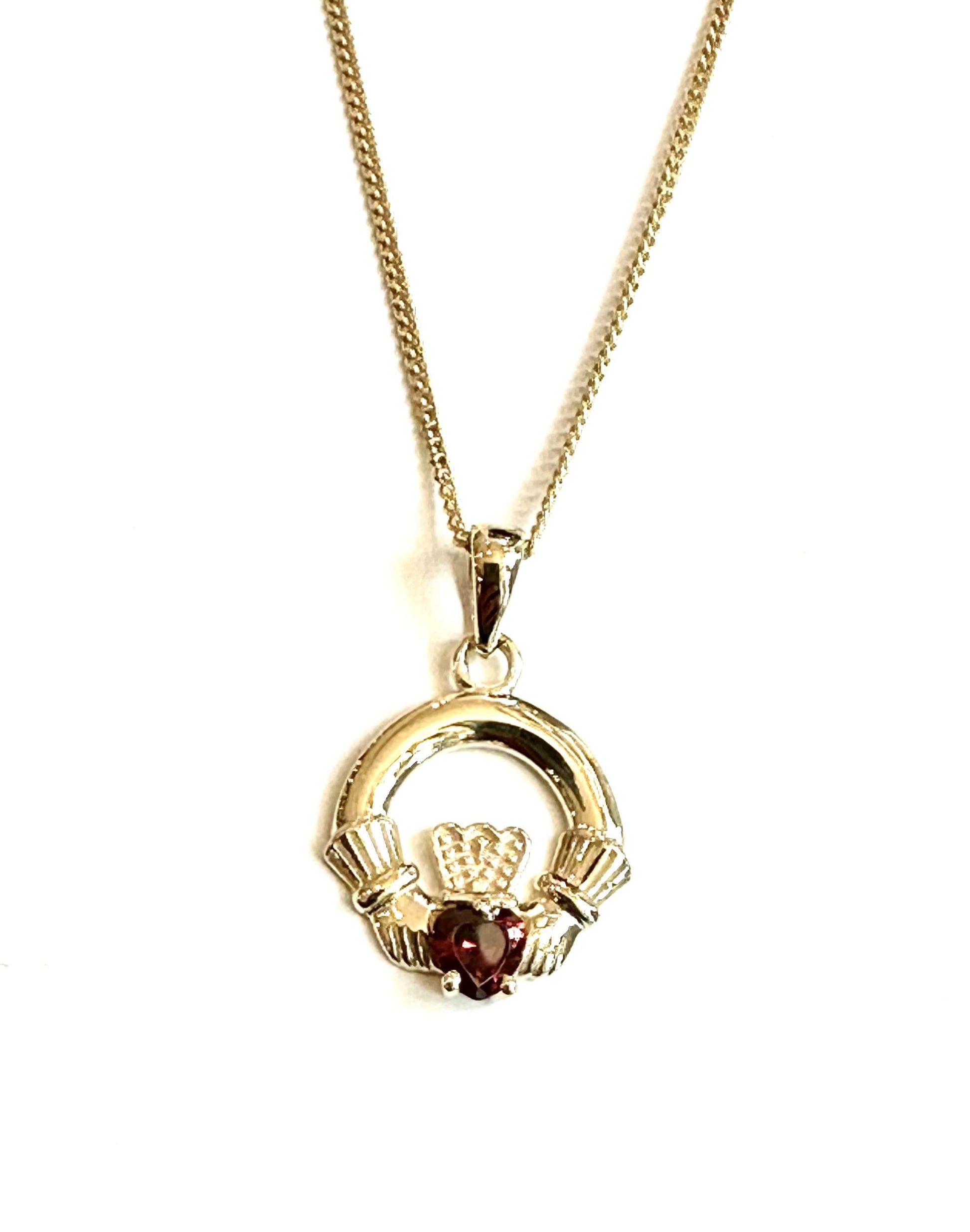 9CT Yellow Gold Garnet Birthstone Claddagh Pendant
