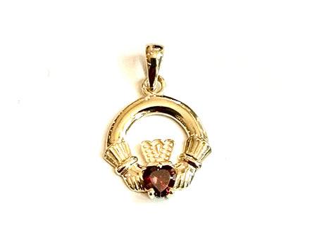 9CT Yellow Gold Garnet Birthstone Claddagh Pendant