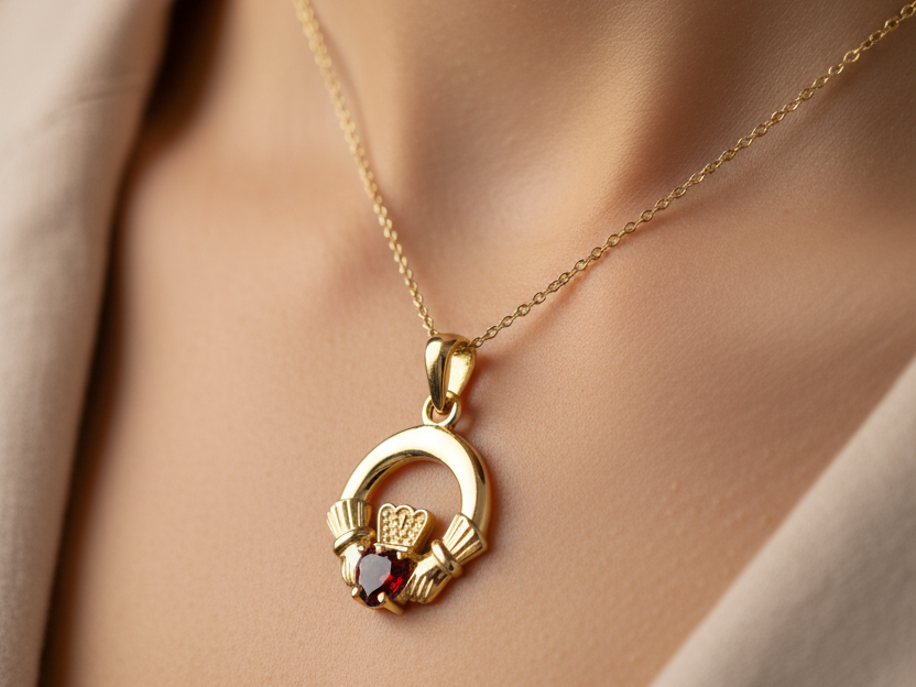 9CT Yellow Gold Garnet Birthstone Claddagh Pendant