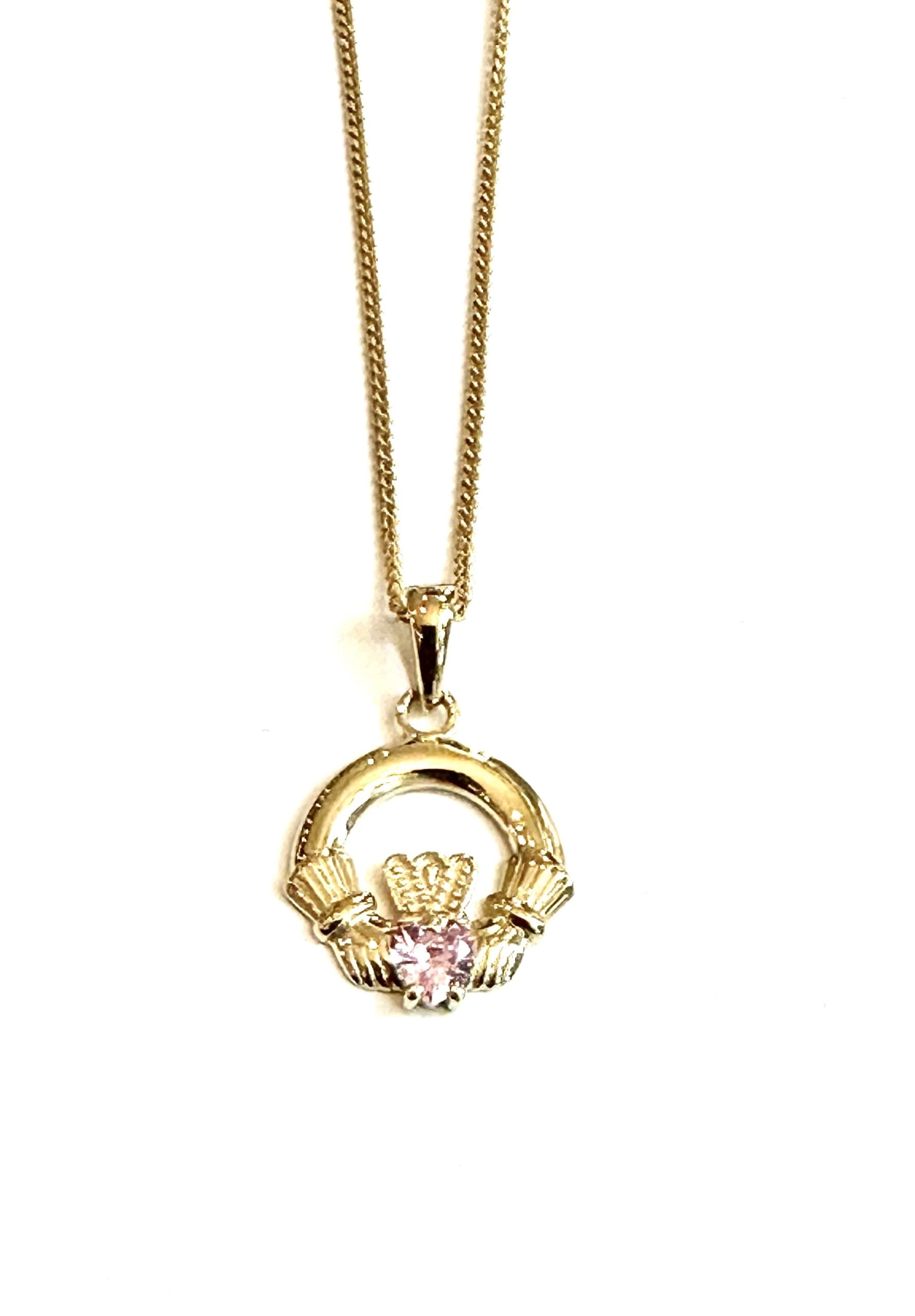 9CT Yellow Gold Pink Cz Birthstone Claddagh Pendant