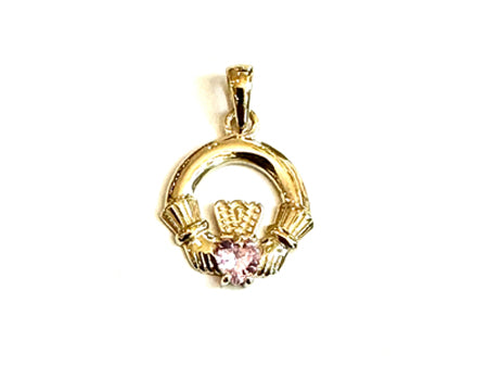 9CT Yellow Gold Pink Cz Birthstone Claddagh Pendant