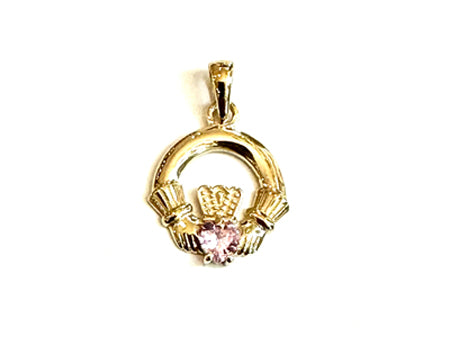 9CT Yellow Gold Pink Cz Birthstone Claddagh Pendant