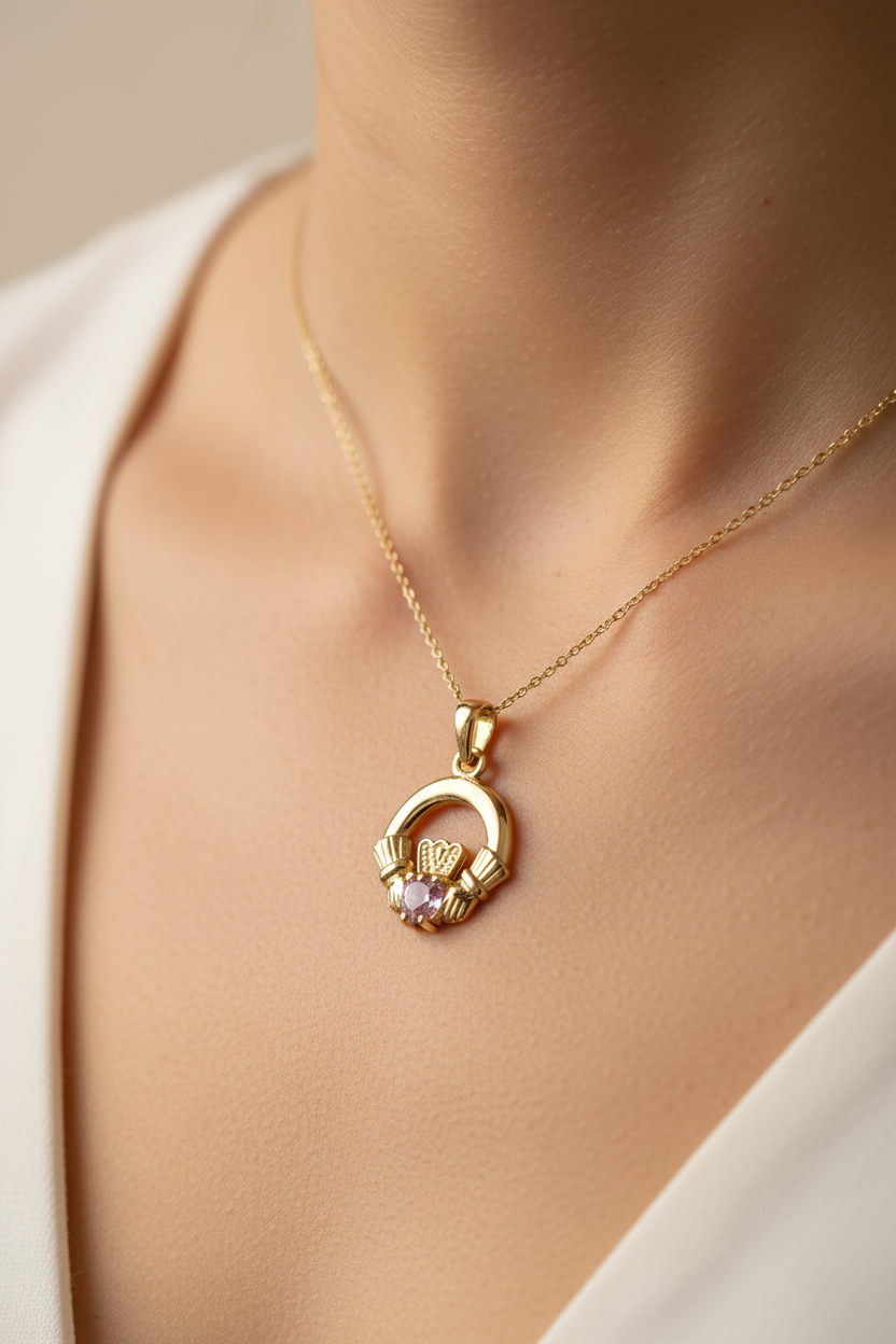 9CT Yellow Gold Pink Cz Birthstone Claddagh Pendant