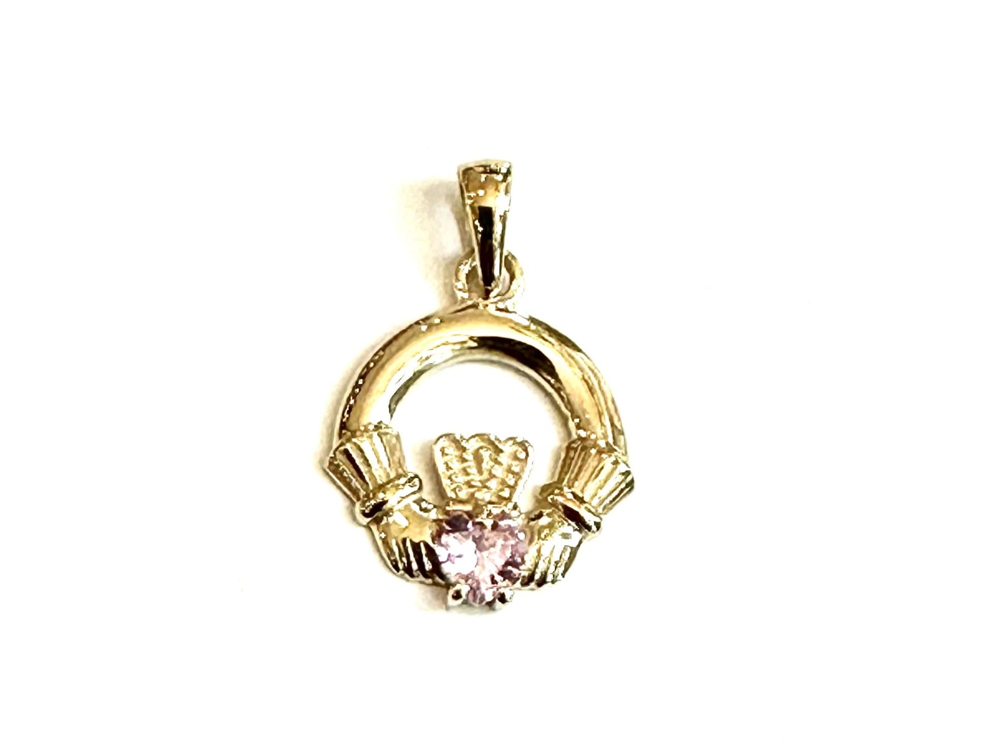 9CT Yellow Gold Pink Cz Birthstone Claddagh Pendant
