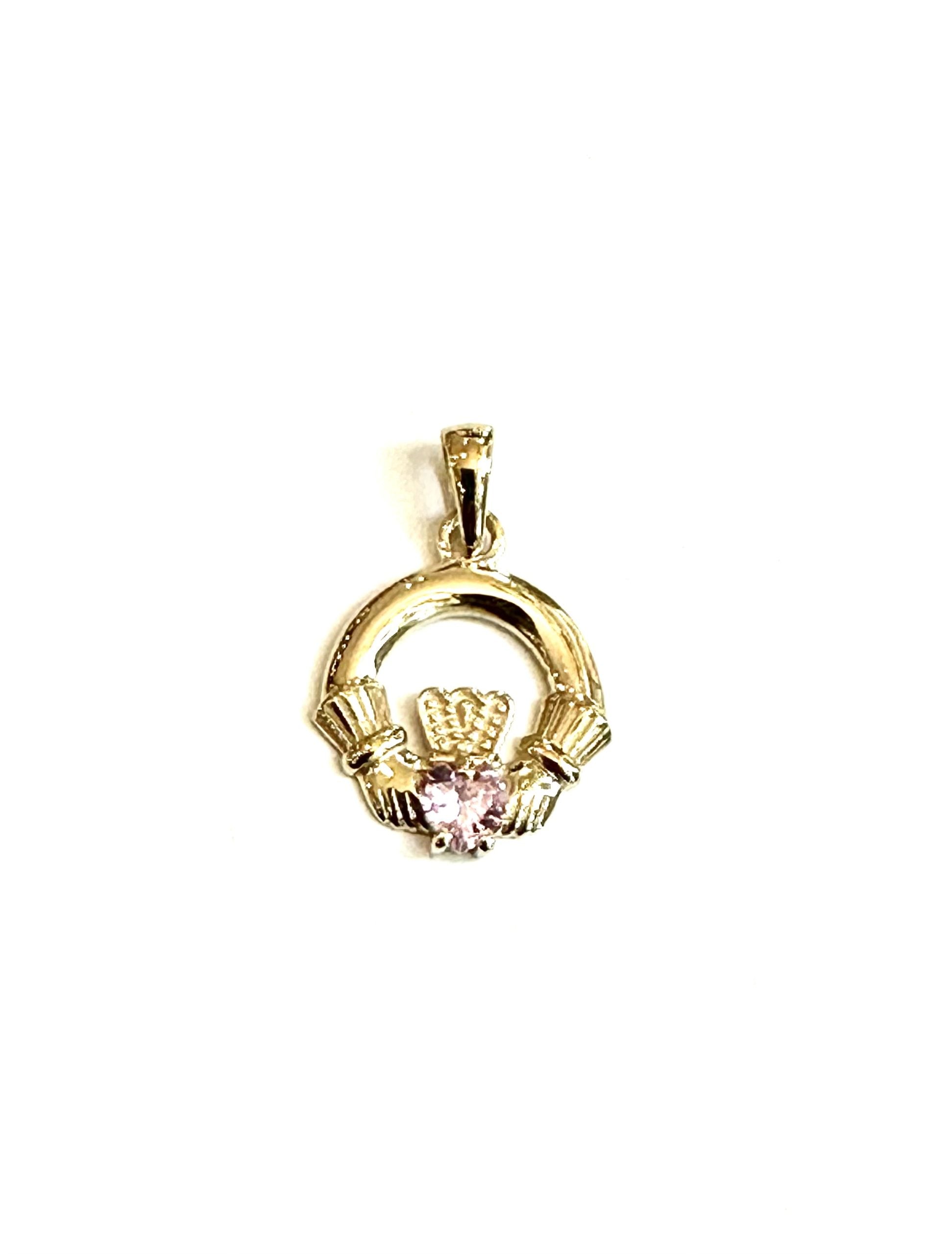 9CT Yellow Gold Pink Cz Birthstone Claddagh Pendant