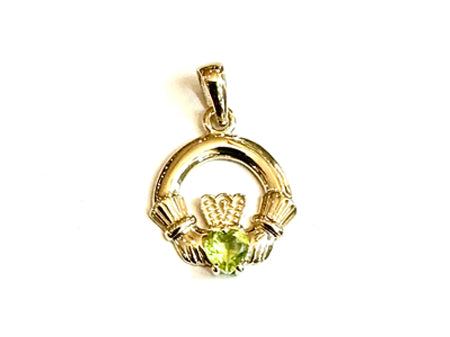 9CT Yellow Gold Peridot Cz Birthstone Claddagh Pendant