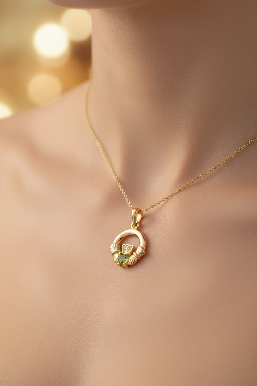 9CT Yellow Gold Peridot Cz Birthstone Claddagh Pendant