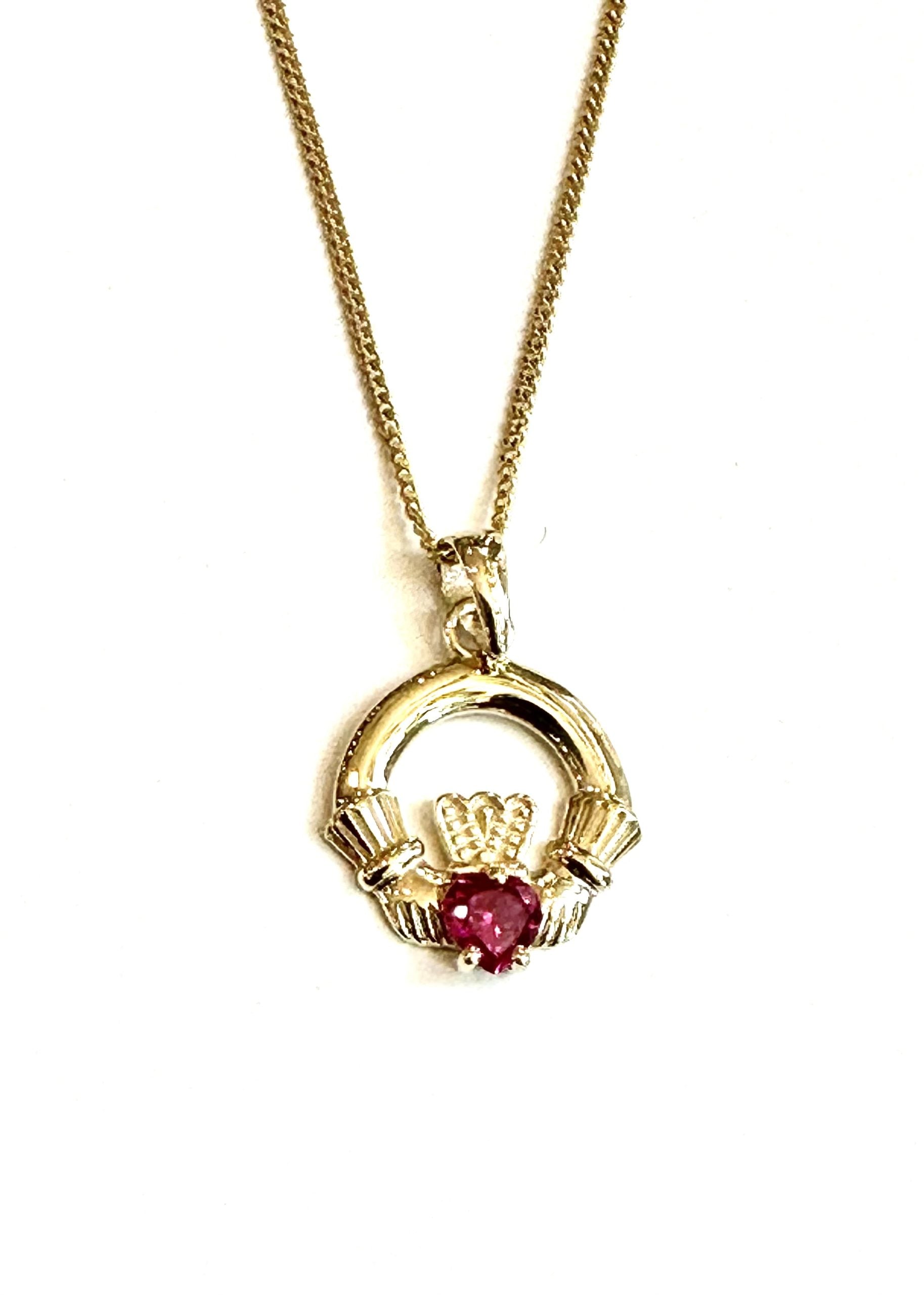 9CT Yellow Gold Ruby Cz Birthstone Claddagh Pendant