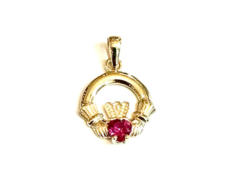 9CT Yellow Gold Ruby Cz Birthstone Claddagh Pendant