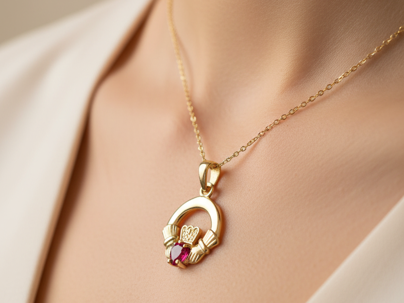 9CT Yellow Gold Ruby Cz Birthstone Claddagh Pendant