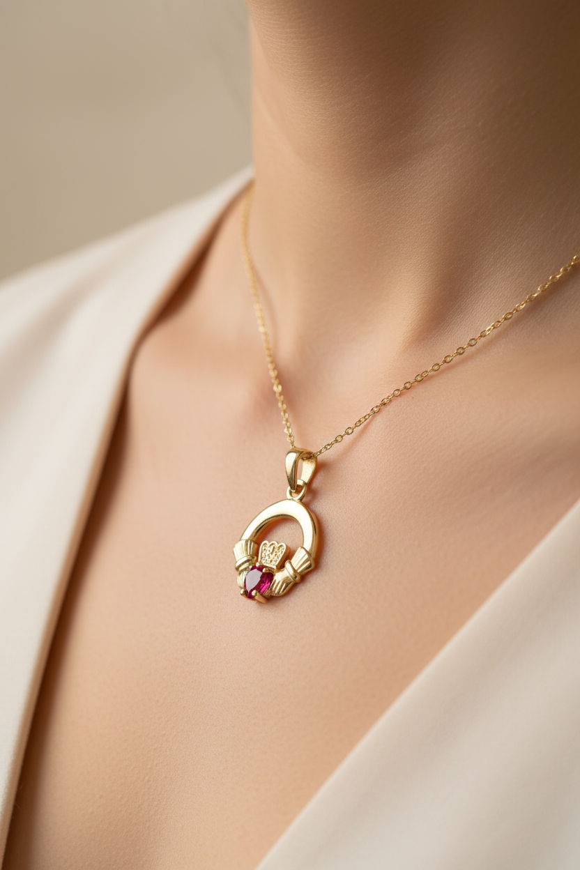 9CT Yellow Gold Ruby Cz Birthstone Claddagh Pendant