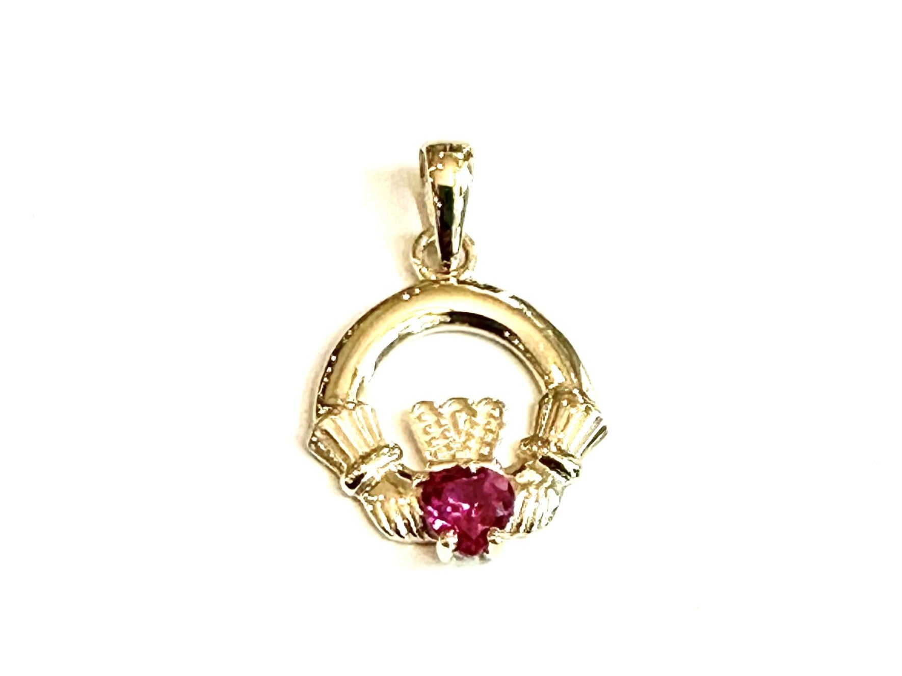 9CT Yellow Gold Ruby Cz Birthstone Claddagh Pendant