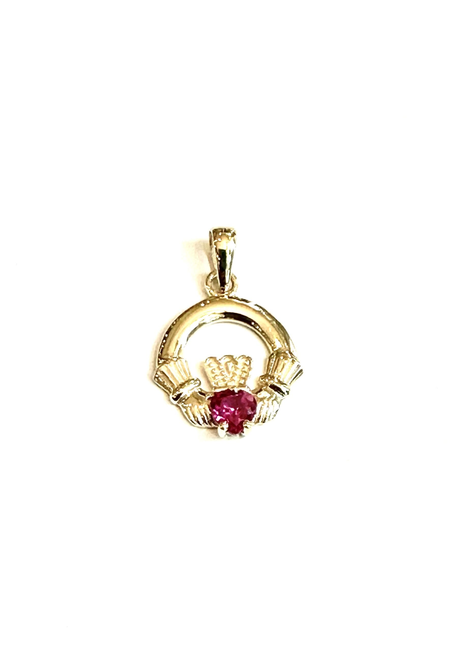 9CT Yellow Gold Ruby Cz Birthstone Claddagh Pendant