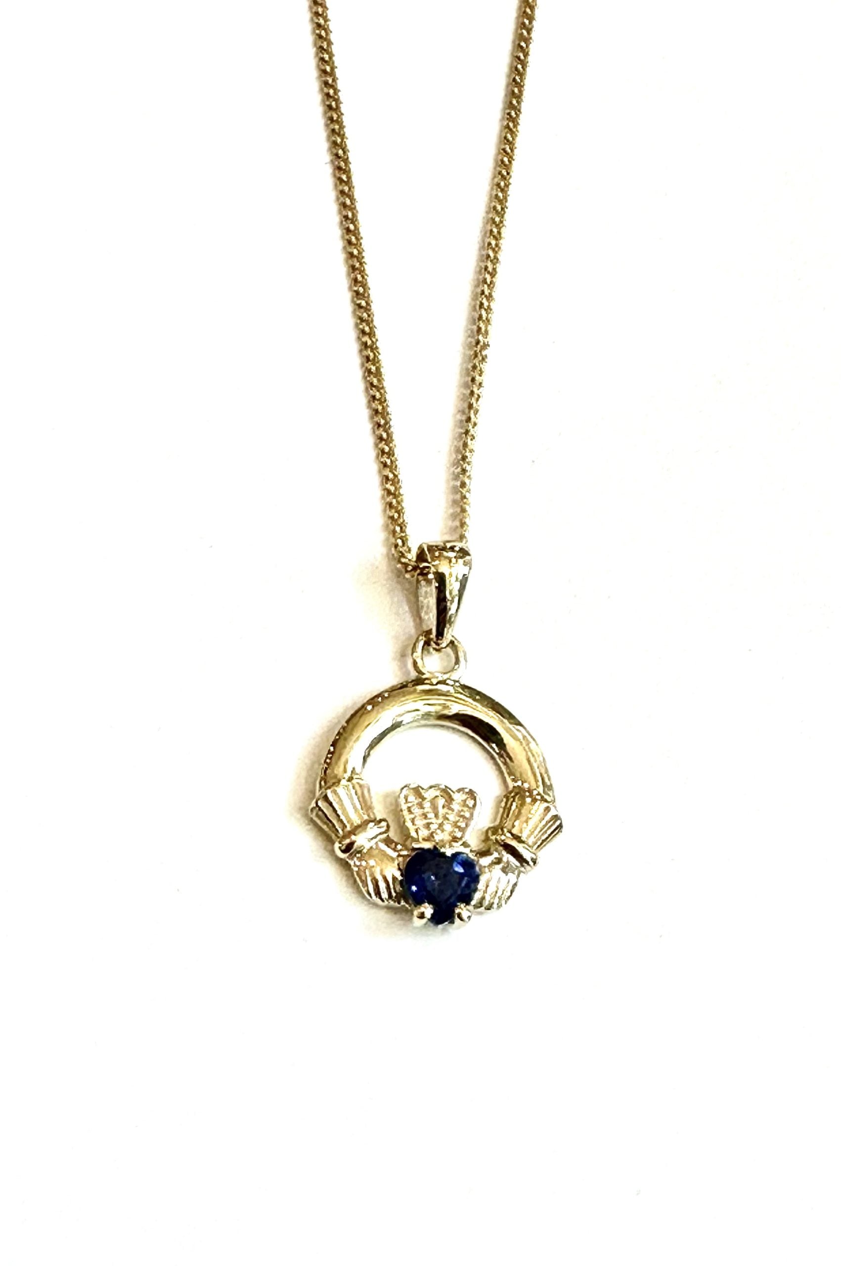 9CT Yellow Gold Sapphire Cz Birthstone Claddagh Pendant