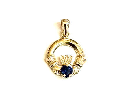9CT Yellow Gold Sapphire Cz Birthstone Claddagh Pendant