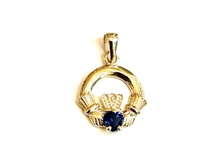 9CT Yellow Gold Sapphire Cz Birthstone Claddagh Pendant