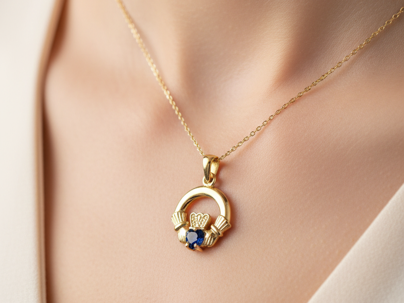 9CT Yellow Gold Sapphire Cz Birthstone Claddagh Pendant