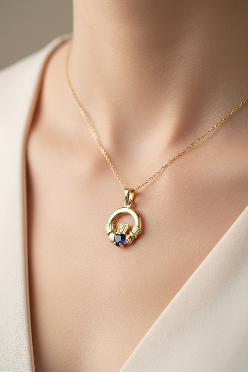 9CT Yellow Gold Sapphire Cz Birthstone Claddagh Pendant