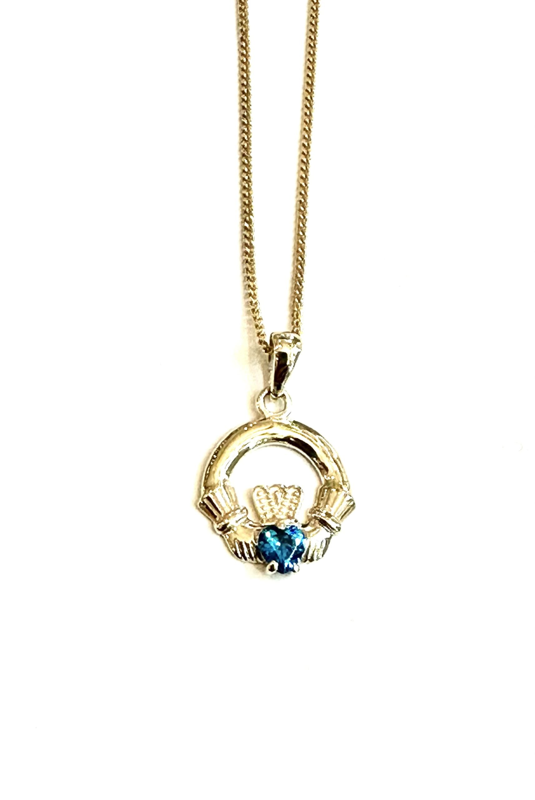 9CT Yellow Gold Topaz Cz Birthstone Claddagh Pendant