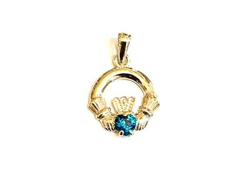 9CT Yellow Gold Topaz Cz Birthstone Claddagh Pendant