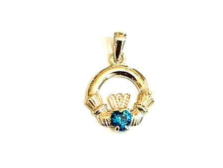 9CT Yellow Gold Topaz Cz Birthstone Claddagh Pendant