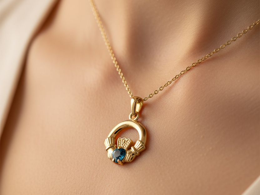 9CT Yellow Gold Topaz Cz Birthstone Claddagh Pendant