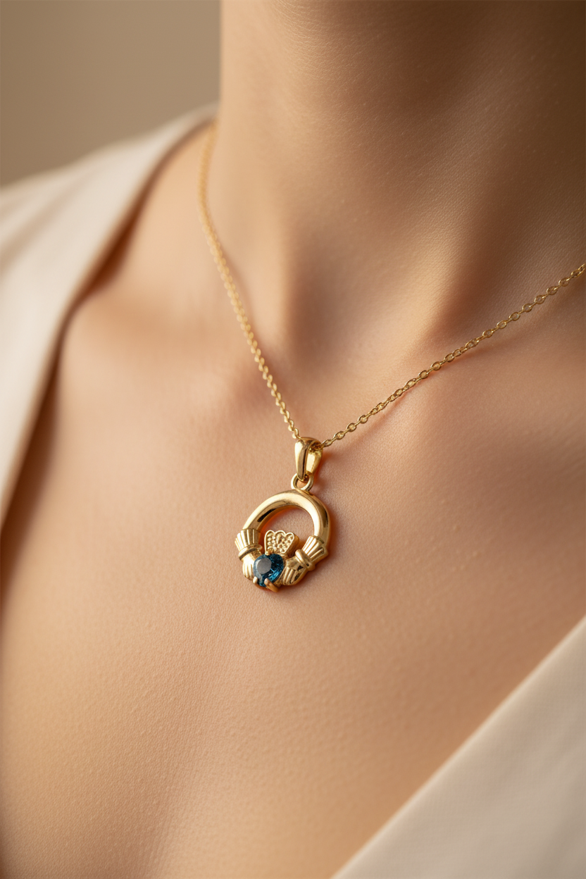 9CT Yellow Gold Topaz Cz Birthstone Claddagh Pendant