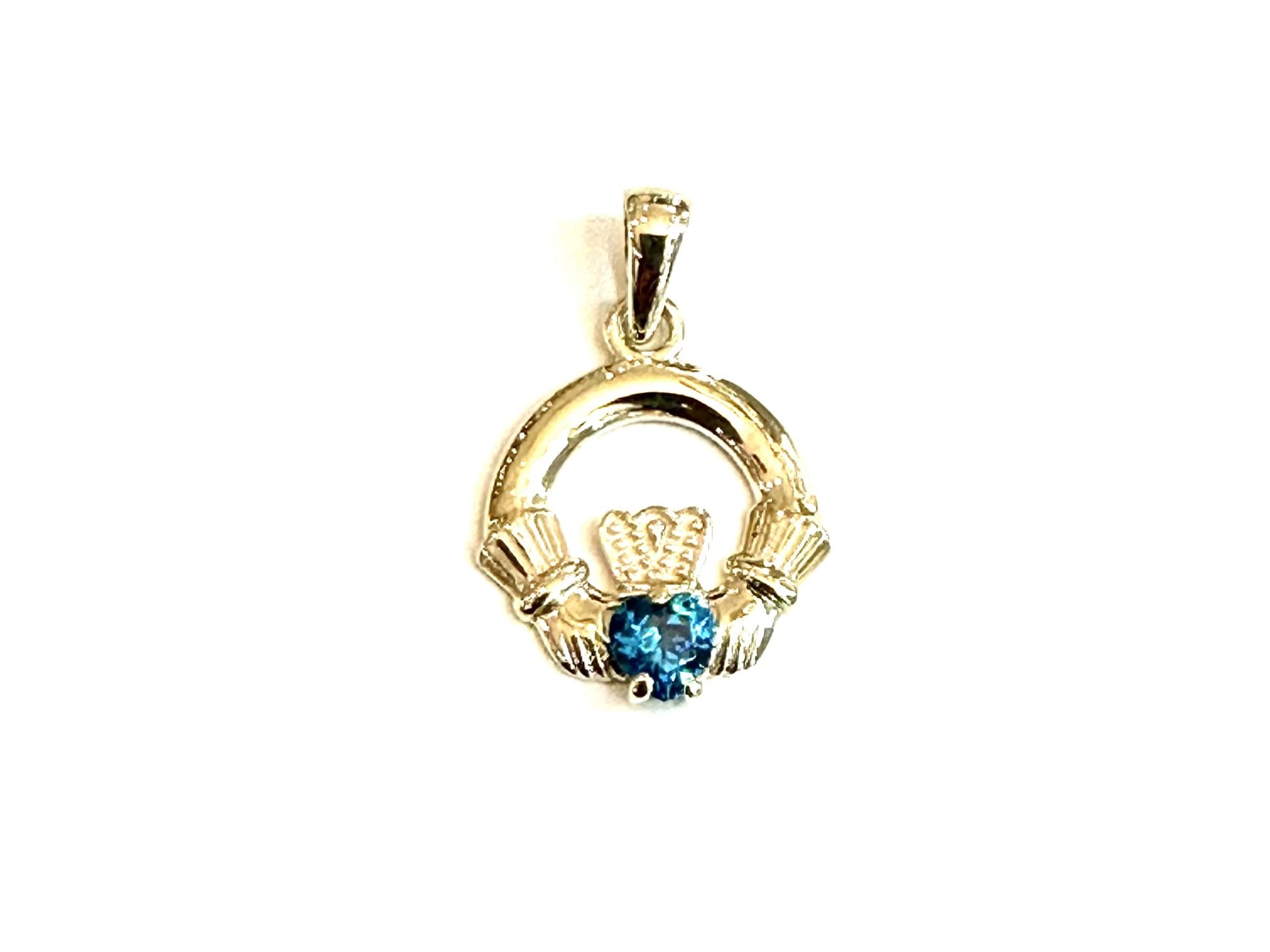 9CT Yellow Gold Topaz Cz Birthstone Claddagh Pendant