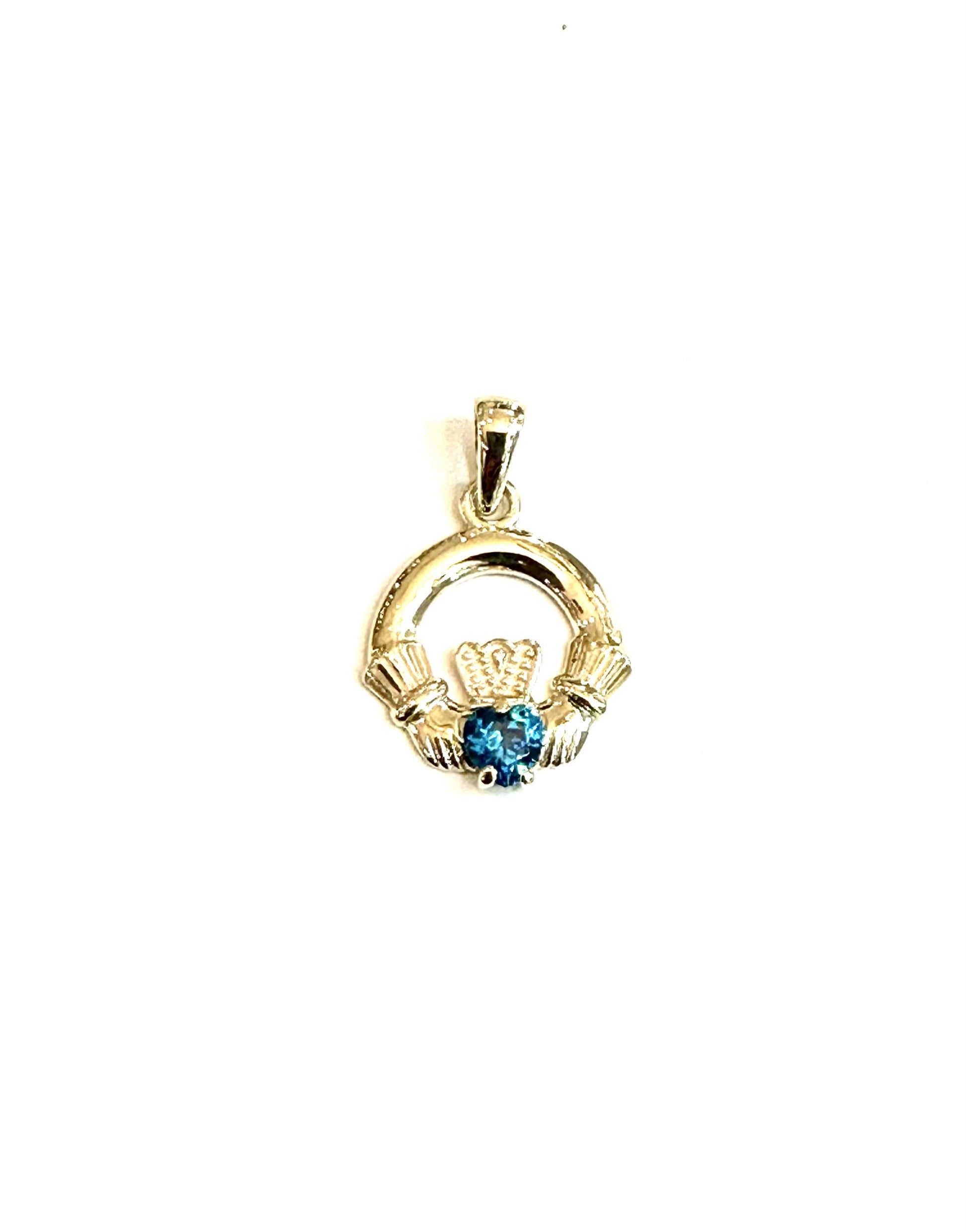 9CT Yellow Gold Topaz Cz Birthstone Claddagh Pendant