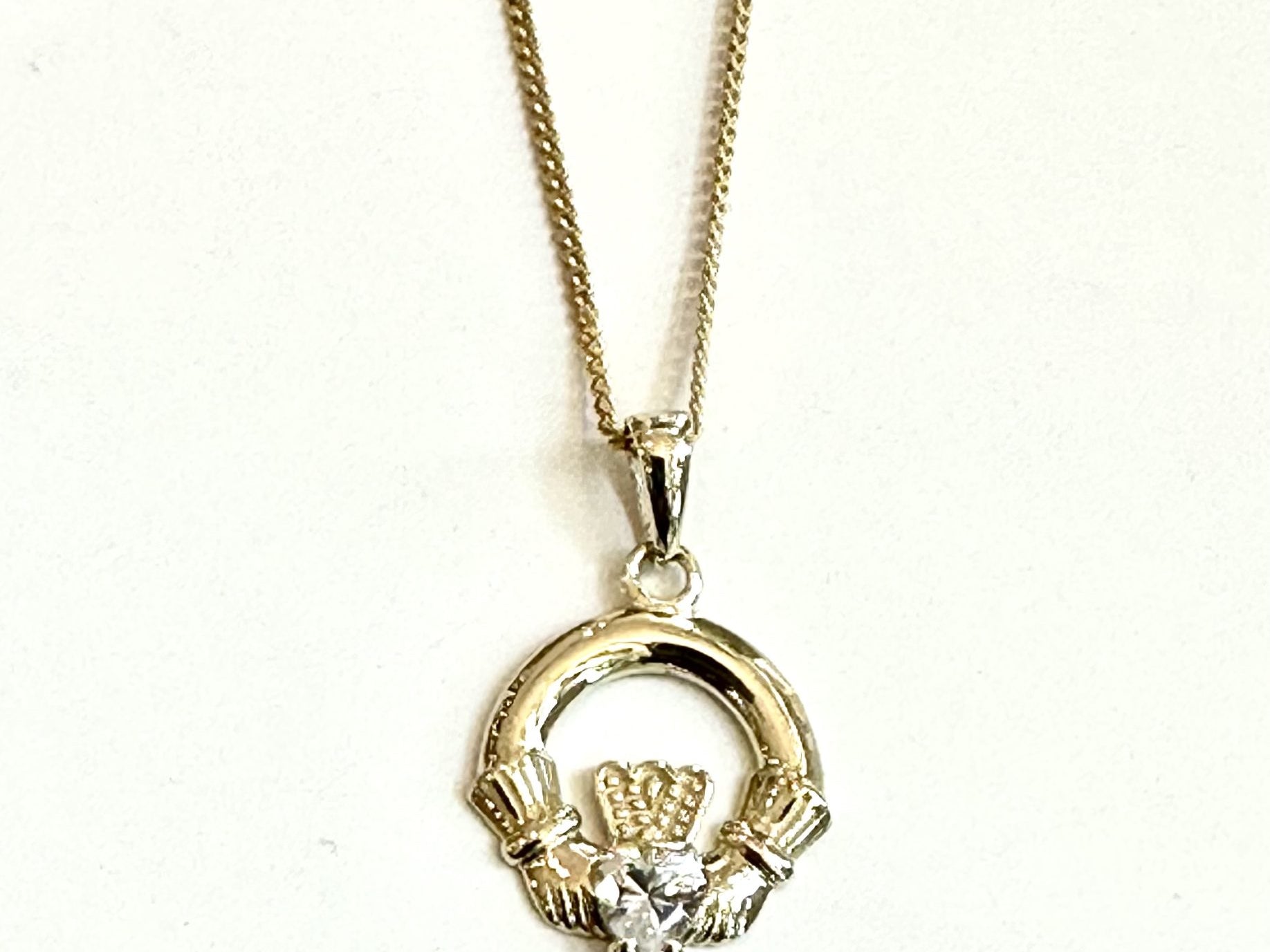 Gold Plated Cz Birthstone Claddagh Pendant Chained