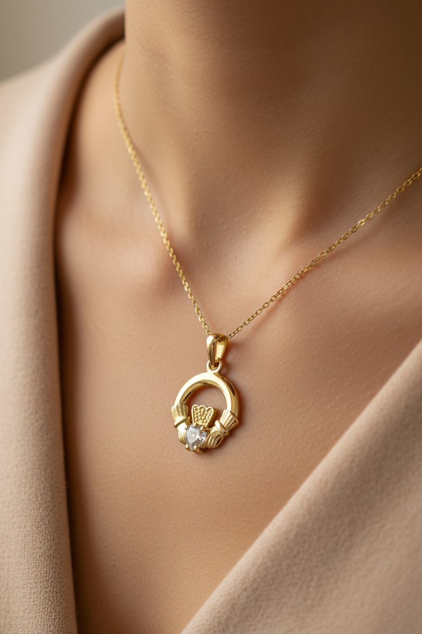 9CT Yellow Gold Cz Birthstone Claddagh Pendant