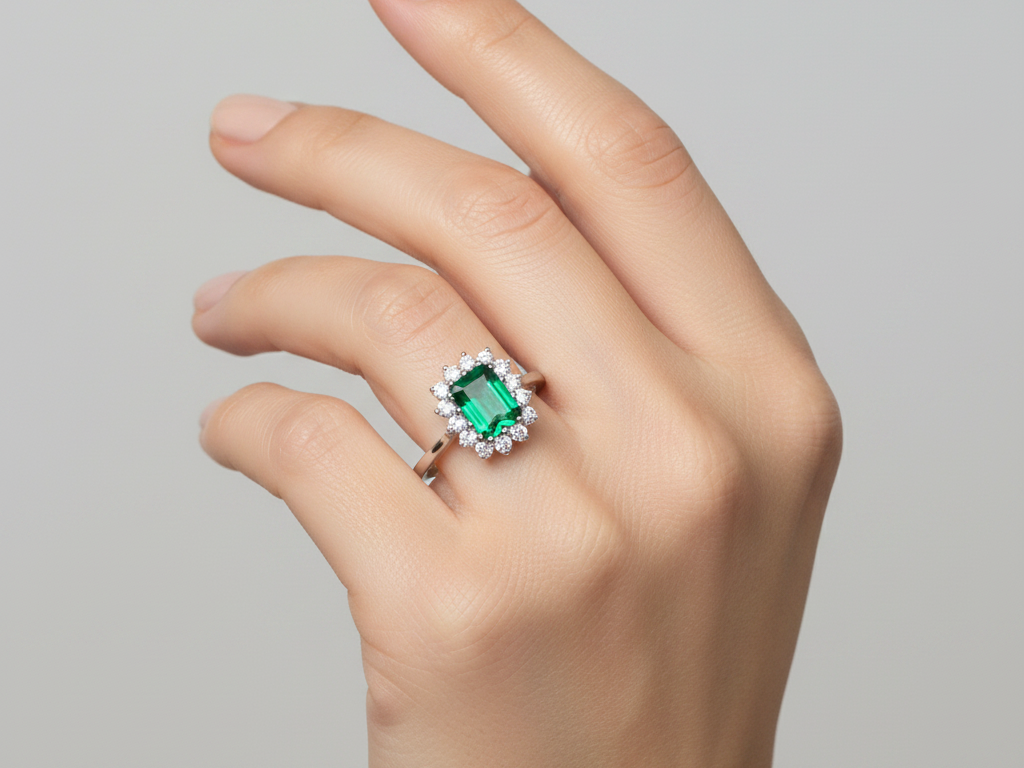 9ct White Gold Emerald Cz Ring.