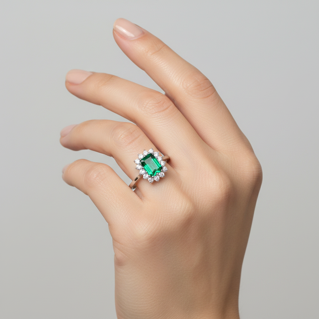9ct White Gold Emerald Cz Ring.