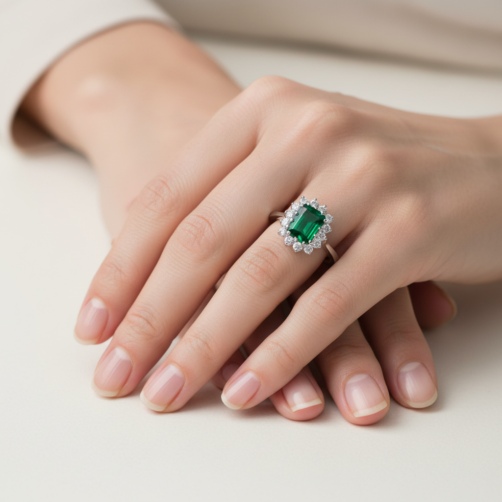 9ct White Gold Emerald Cz Ring.