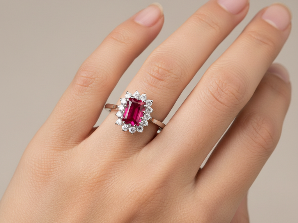 9ct White Gold Ruby Cz Ring.