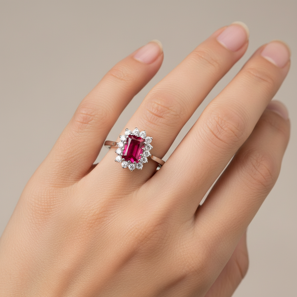 9ct White Gold Ruby Cz Ring.