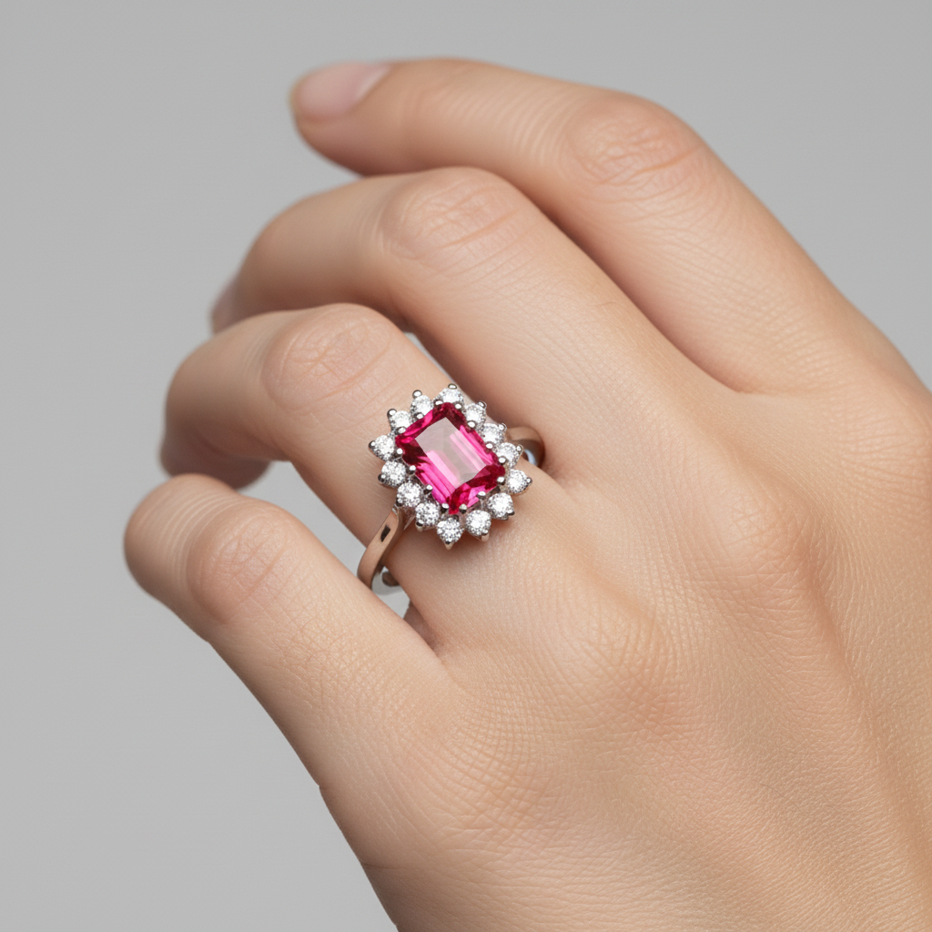 9ct White Gold Ruby Cz Ring.