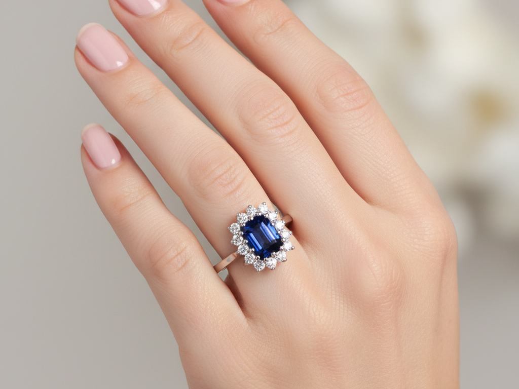 9ct White Gold Sapphire Cz Ring.