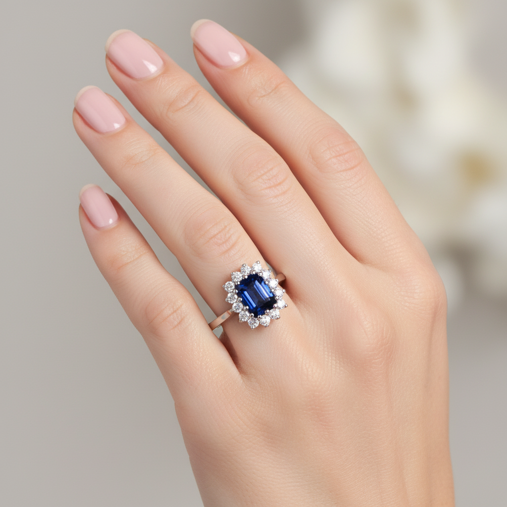 9ct White Gold Sapphire Cz Ring.