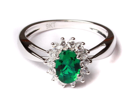 9ct White Gold Emerald Cz Ring.