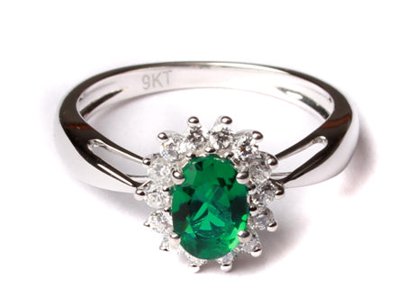 9ct White Gold Emerald Cz Ring.