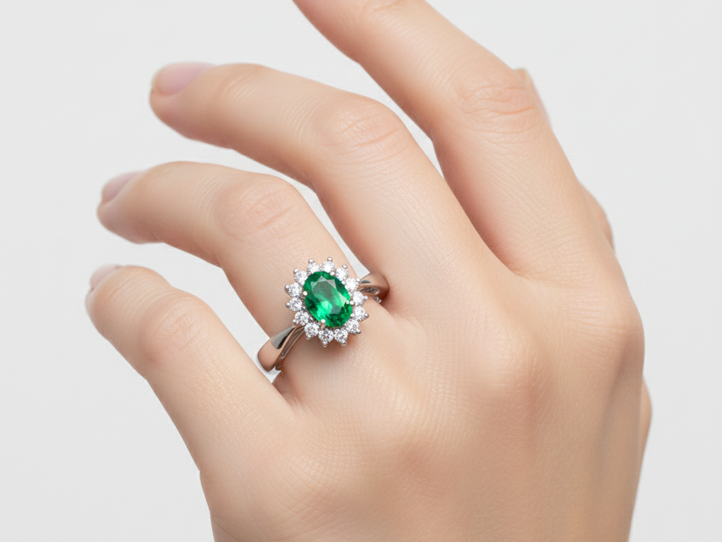9ct White Gold Emerald Cz Ring.