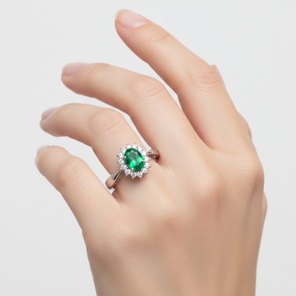 9ct White Gold Emerald Cz Ring.