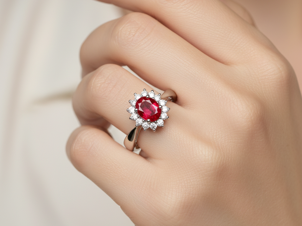 9ct White Gold Ruby Cz Ring.