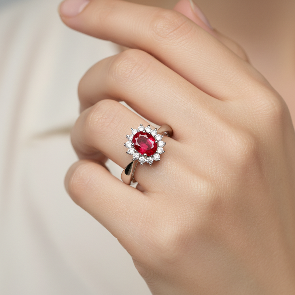 9ct White Gold Ruby Cz Ring.