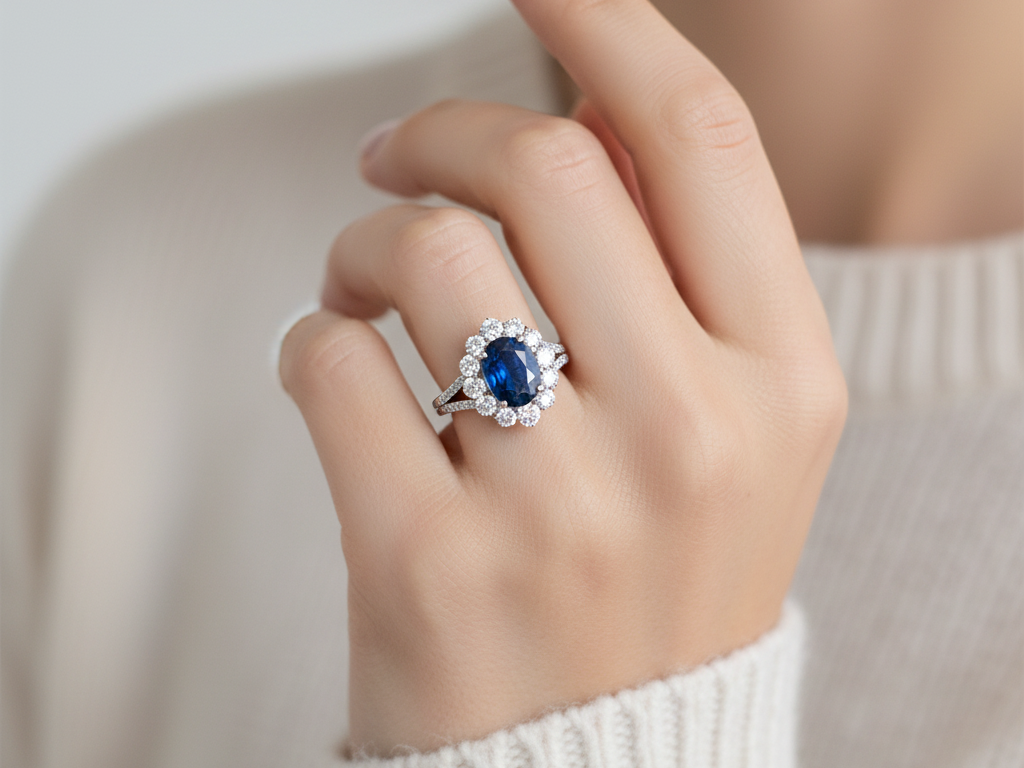 9ct White Gold Sapphire Cz Ring.