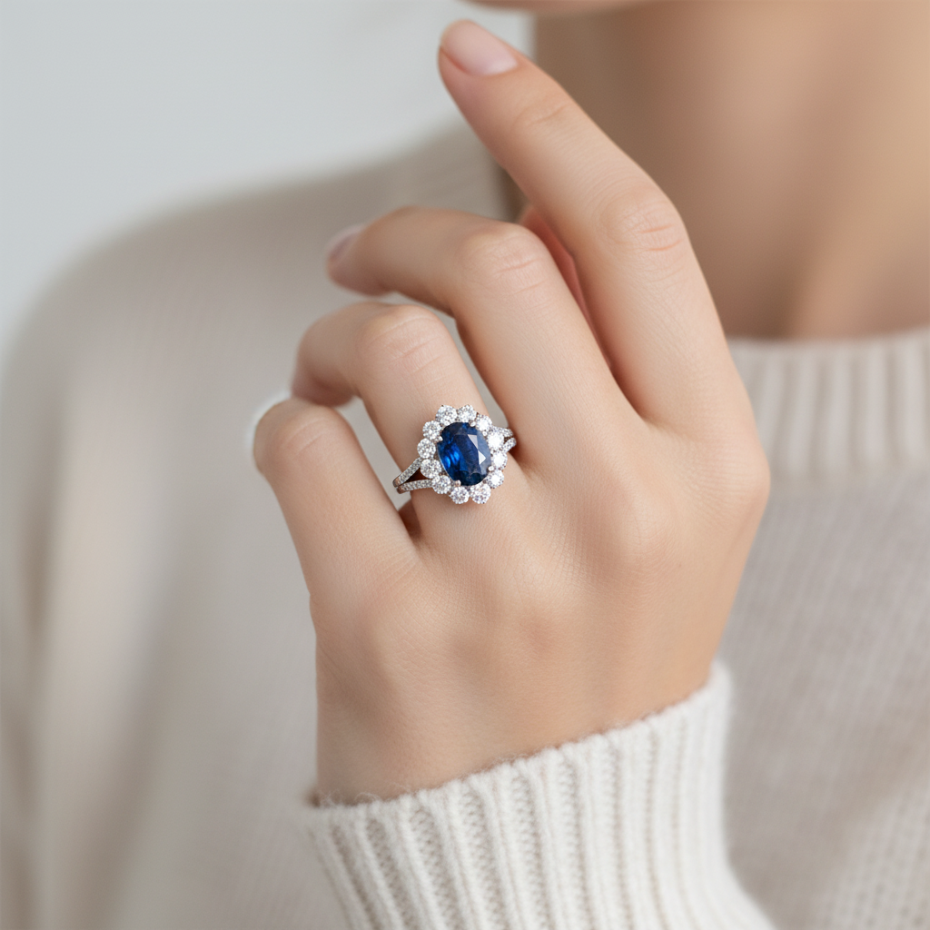 9ct White Gold Sapphire Cz Ring.