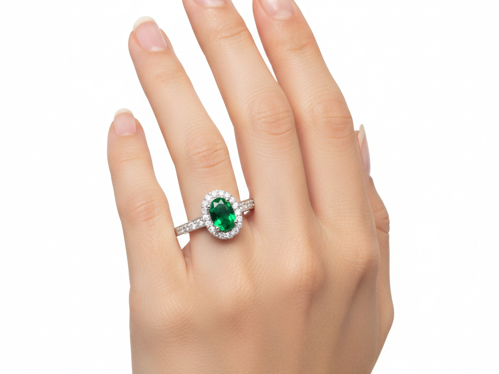 9ct White Gold Emerald Cz Ring.