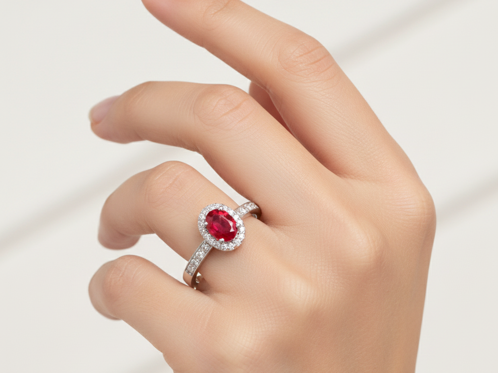 9ct White Gold Ruby Cz Ring.